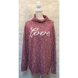 Life is Good Love Sweater Pink White Womens Large Turtleneck Funnel Neck